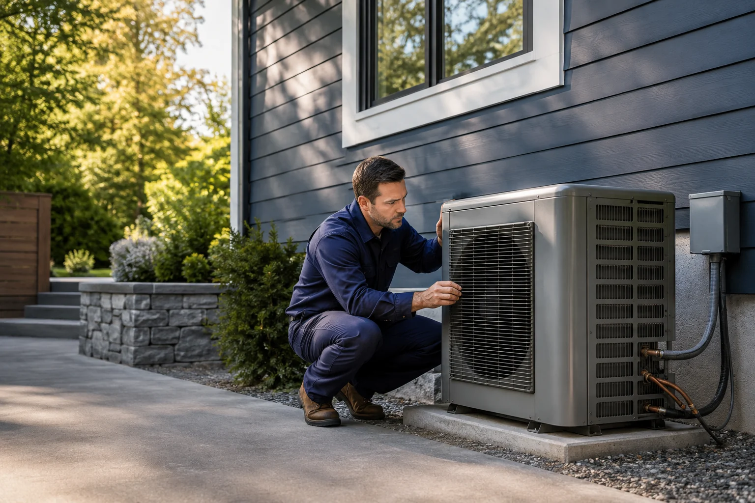 HVAC technician inspecting an outdoor home comfort system